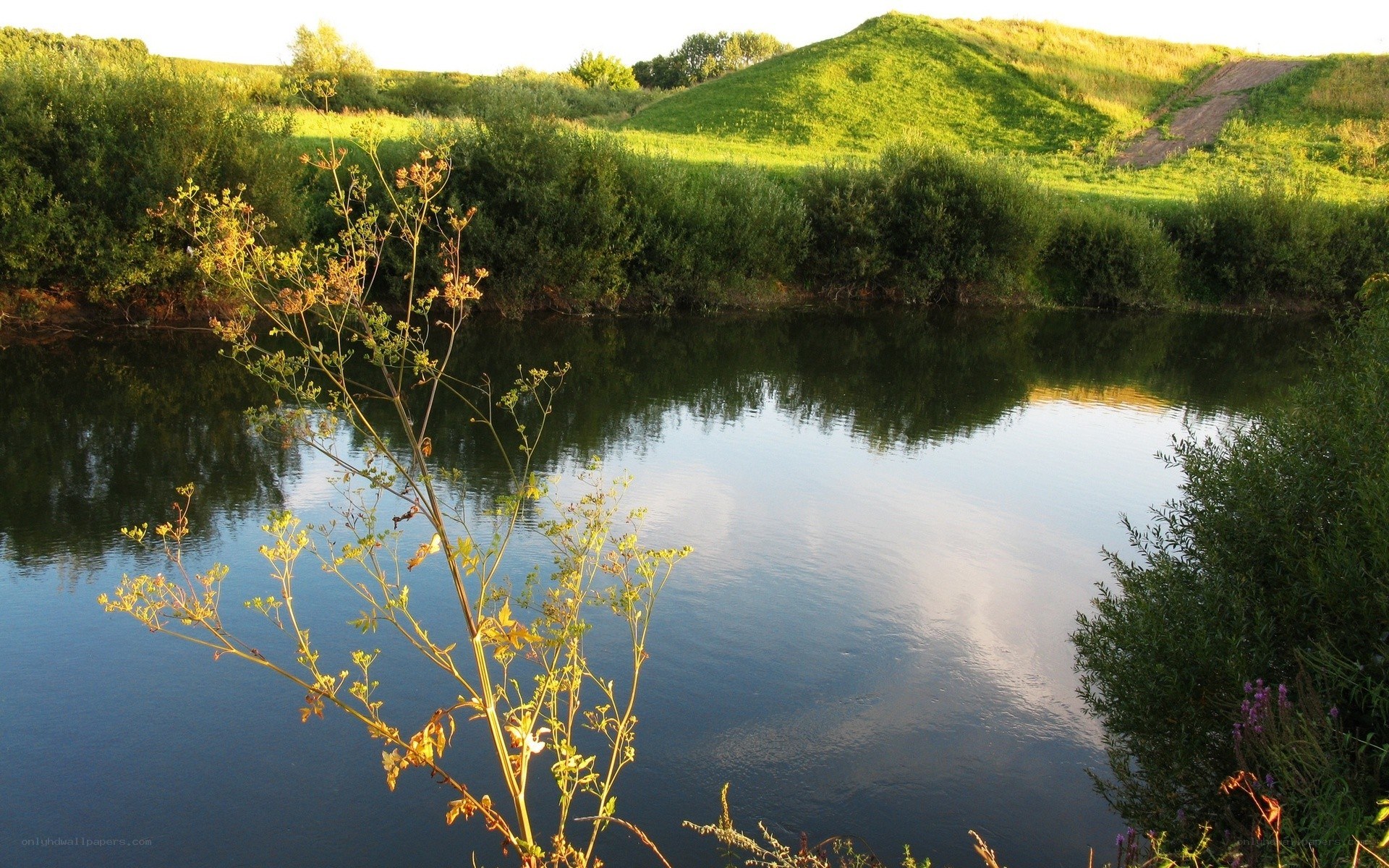 River at sunset with green hills