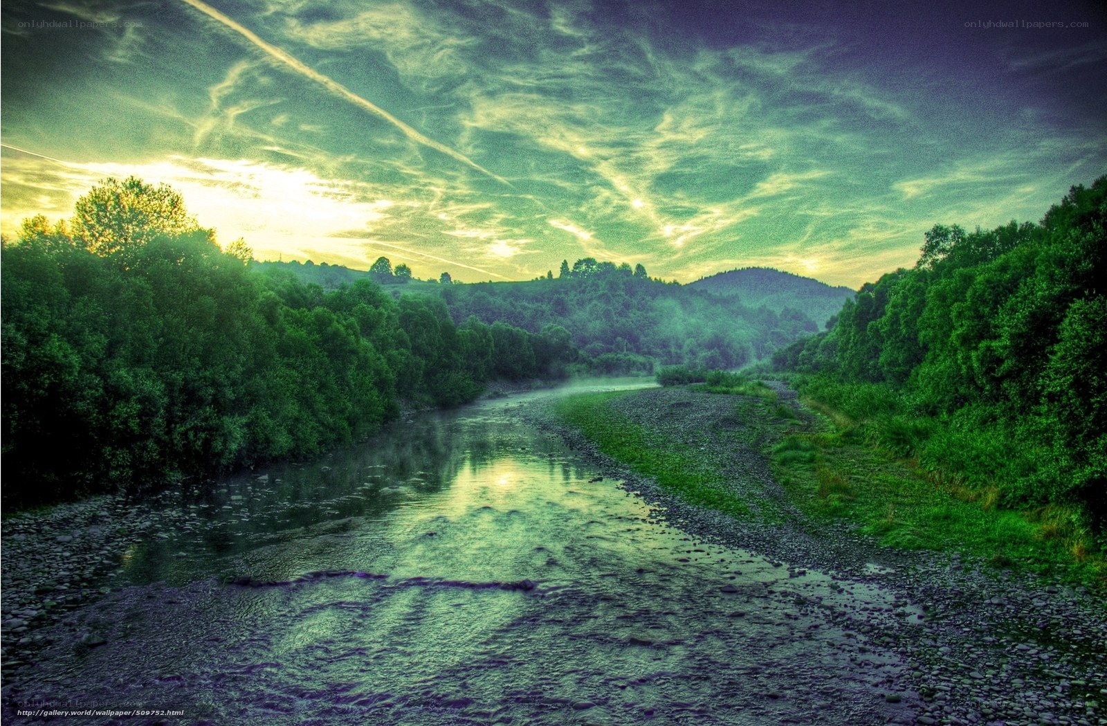 River at sunset with green sky