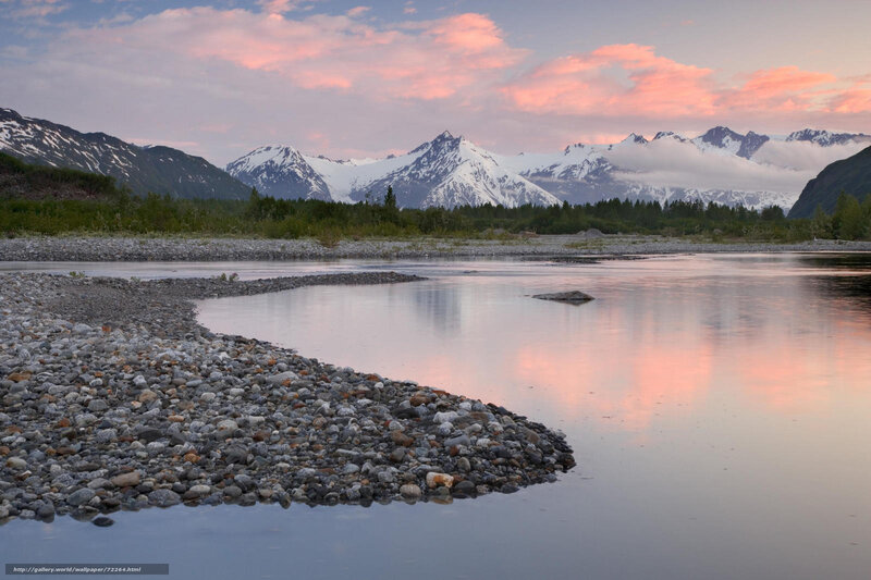 River at sunset with mountains