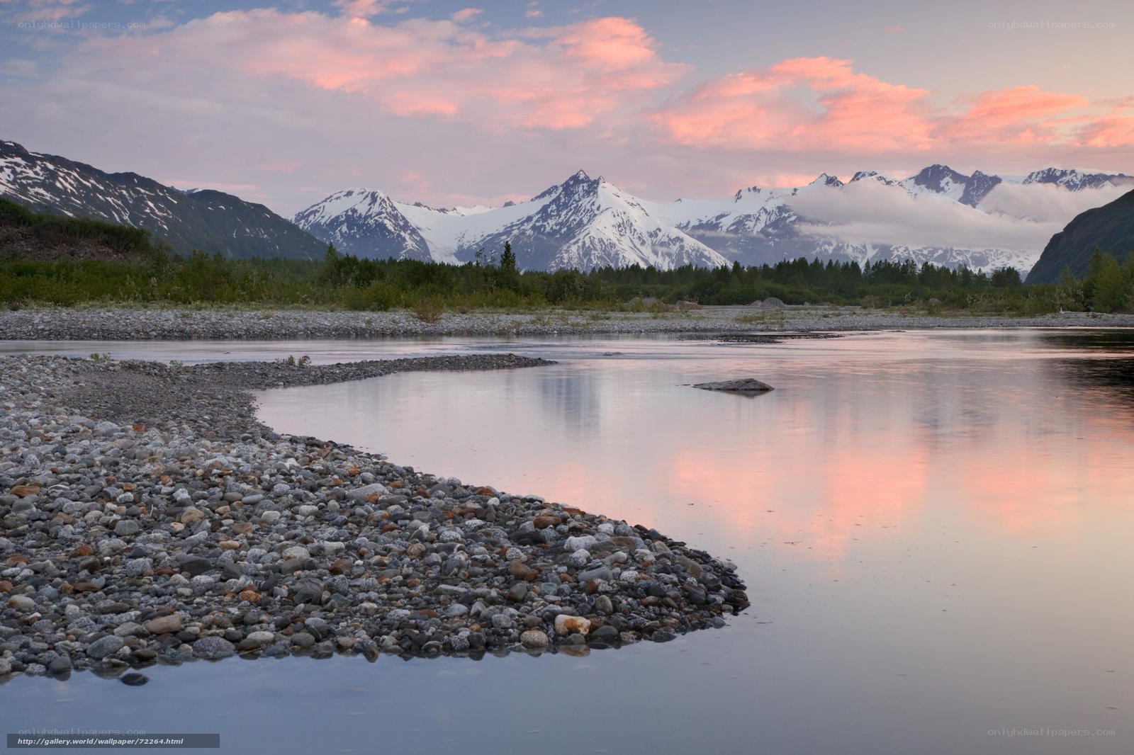 River at sunset with mountains