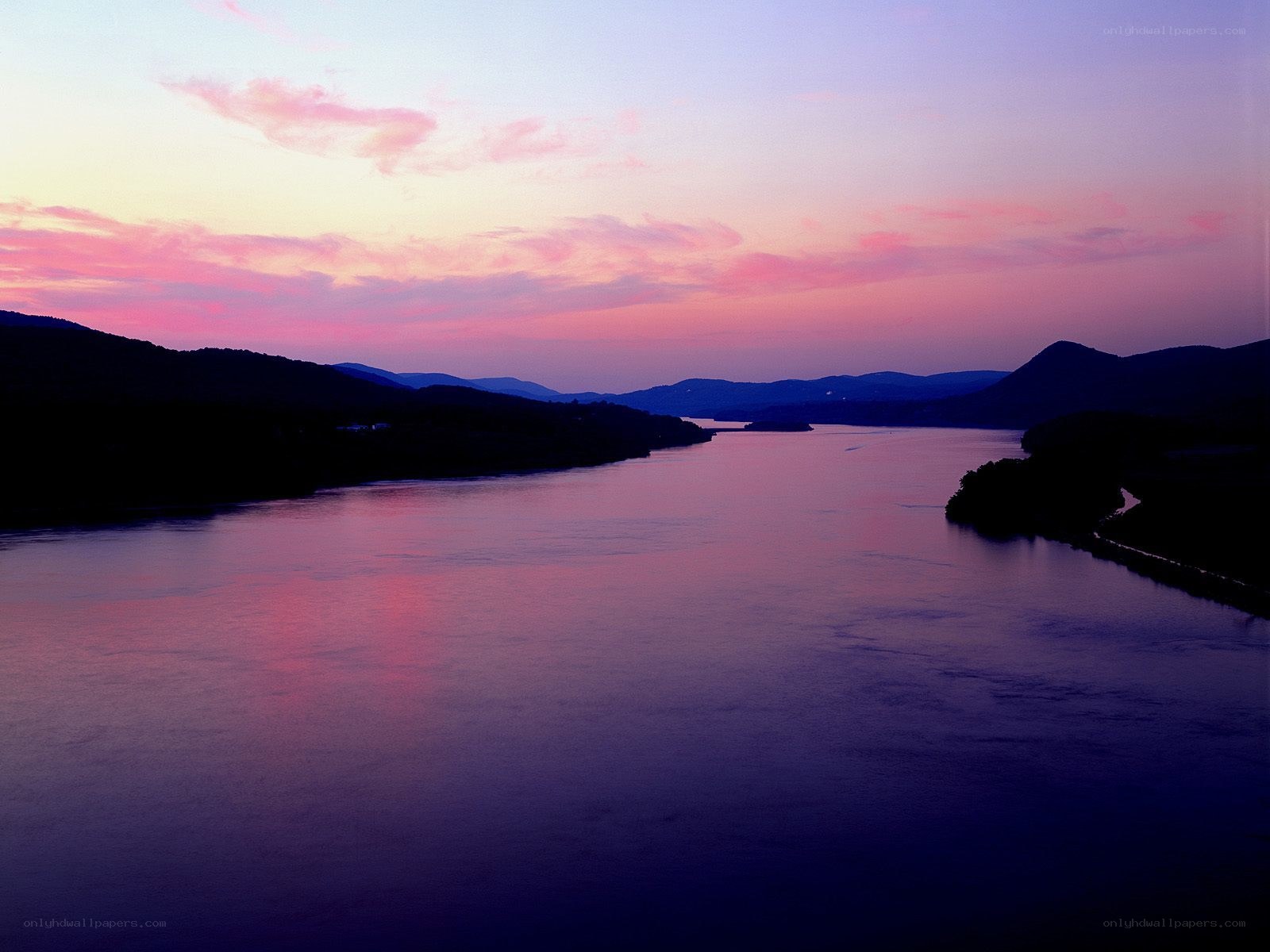 River at sunset with pink sky