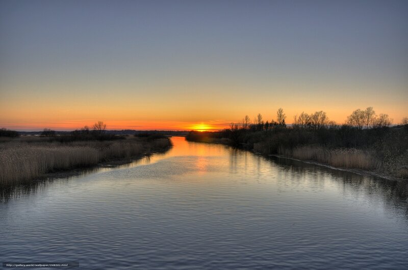 River at sunset with reeds