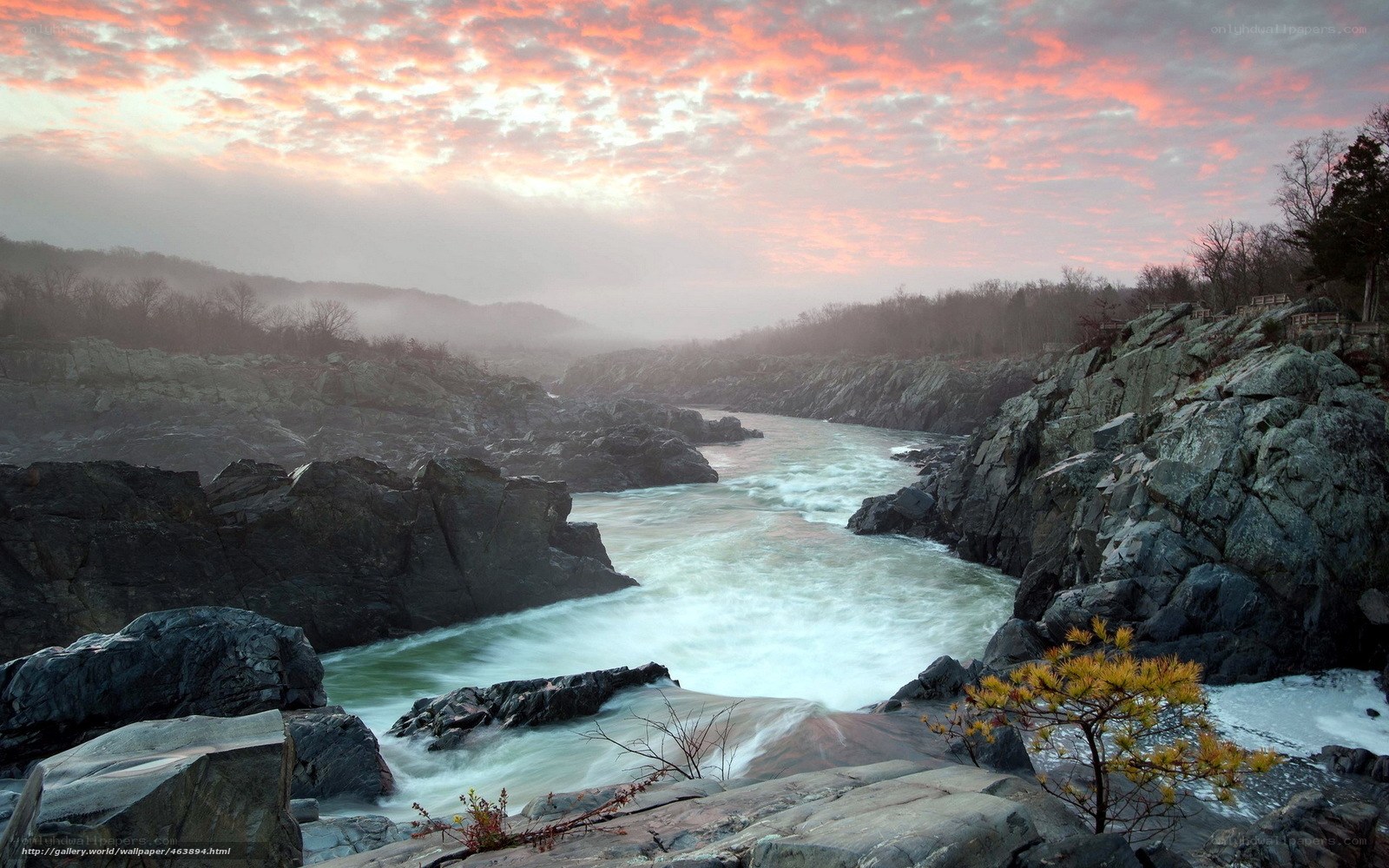 River at sunset with rocky cliffs