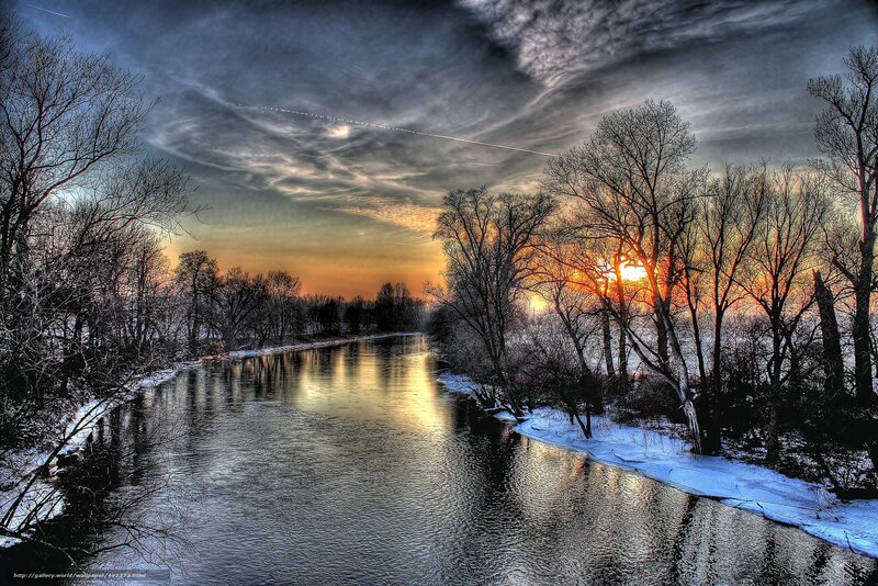 River at sunset with snow