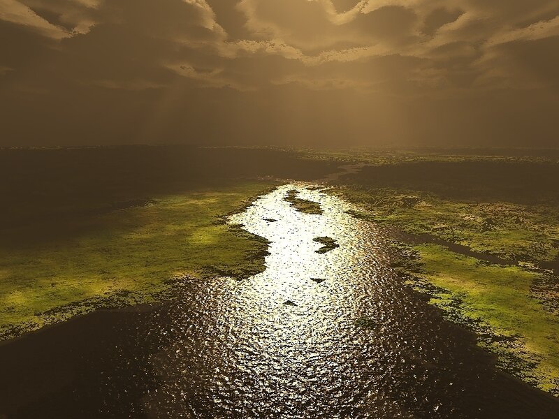 River at sunset with sunbeams