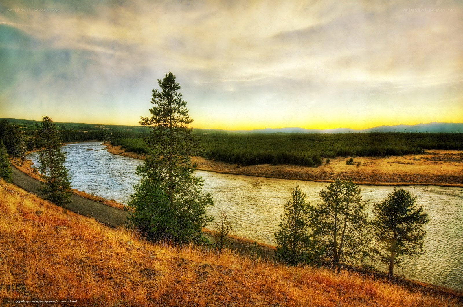 River at sunset with trees
