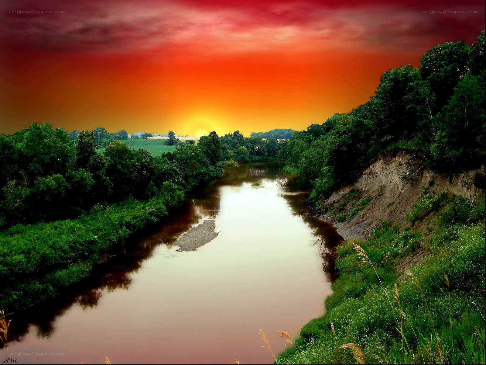 River at sunset with vibrant sky