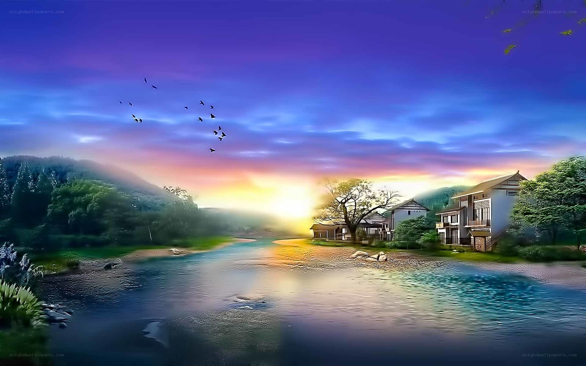 River at sunset with village