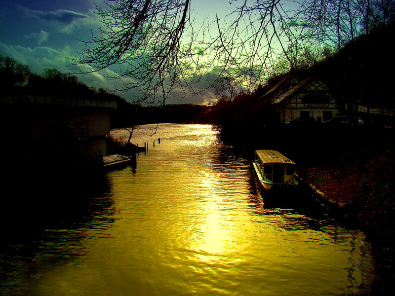 River at Sunset — Yellow, Dramatic, Photograph, Boat