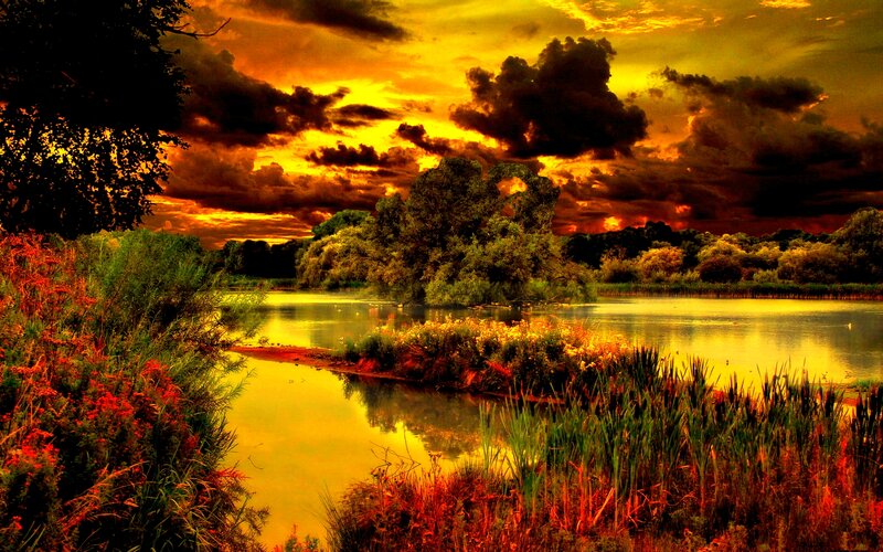 River at Sunset — Yellow, Dramatic, Photograph, Sky