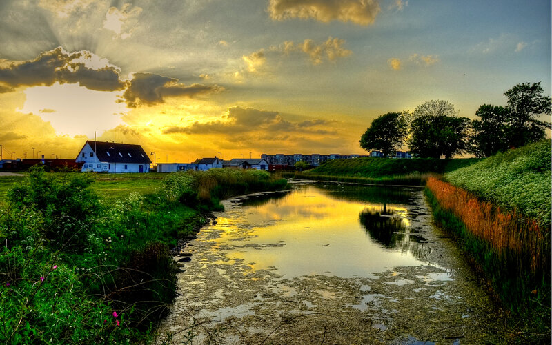 River at Sunset — Yellow, Dramatic, Photograph