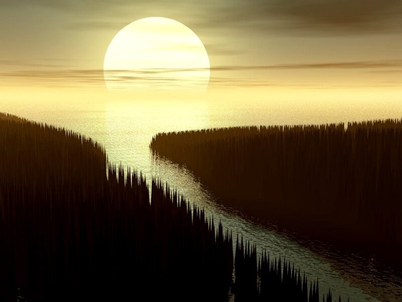River at Sunset — Yellow, Serene, Digital Art