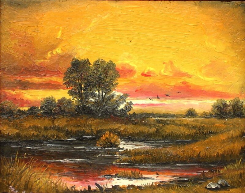 River at Sunset — Yellow, Serene, Painting