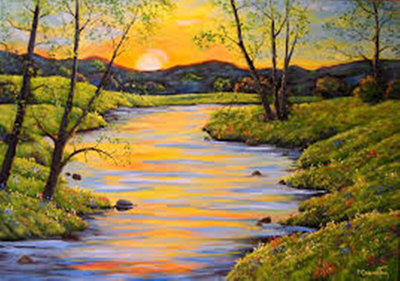 River at Sunset — Yellow, Serene, Painting, Trees, Mountains