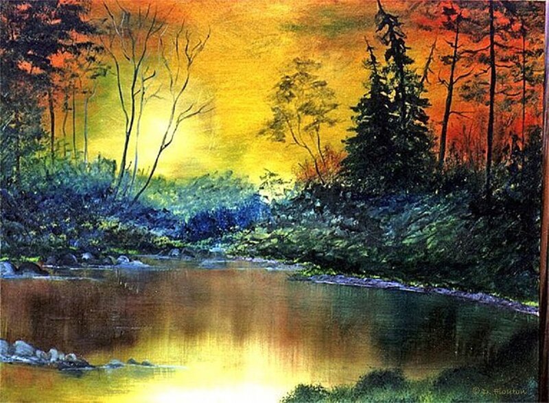 River at Sunset — Yellow, Serene, Painting, Trees, Sky