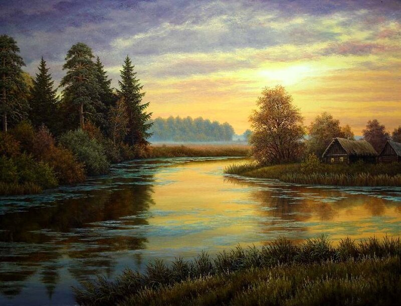 River at Sunset — Yellow, Serene, Painting, Trees