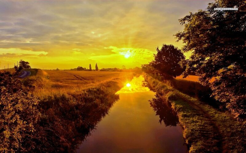 River at Sunset — Yellow, Serene, Photograph, Field