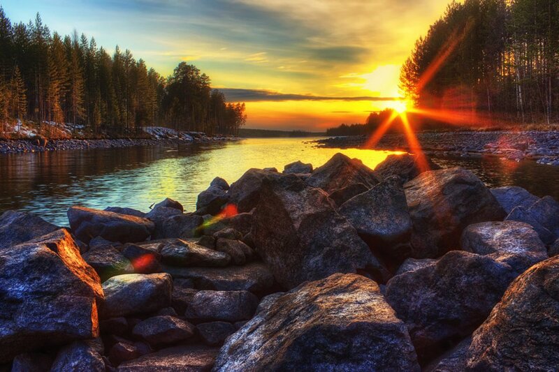 River at Sunset — Yellow, Serene, Photograph, Rocks
