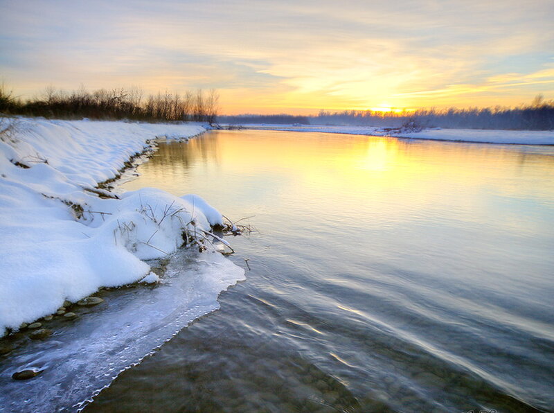 River at Sunset — Yellow, Serene, Photograph, Snow