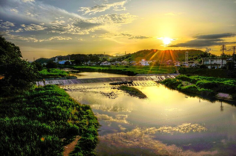 River at Sunset — Yellow, Serene, Photograph, Sun, Clouds