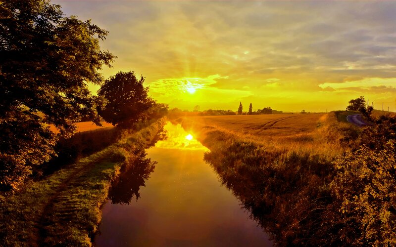 River at Sunset — Yellow, Serene, Photograph, Sun
