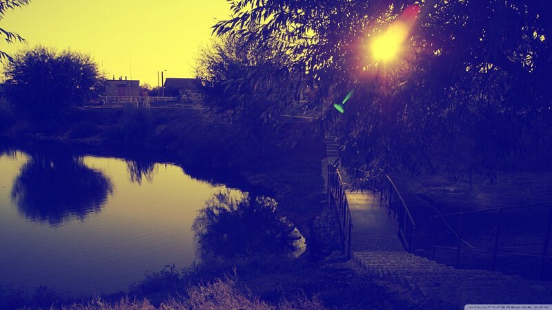 River at Sunset — Yellow, Serene, Photograph, Trees, Bridge
