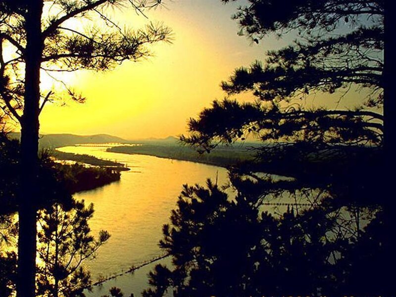 River at Sunset — Yellow, Serene, Photograph, Trees, Mountains
