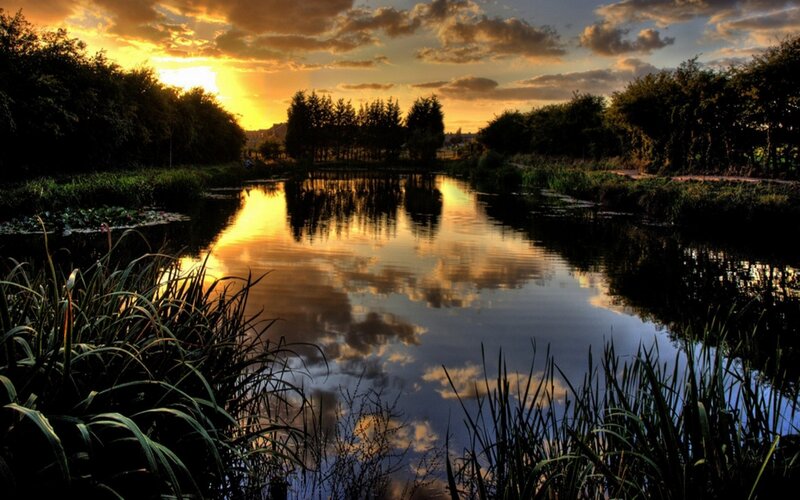 River at Sunset — Yellow, Serene, Photograph, Trees, Sky, Clouds