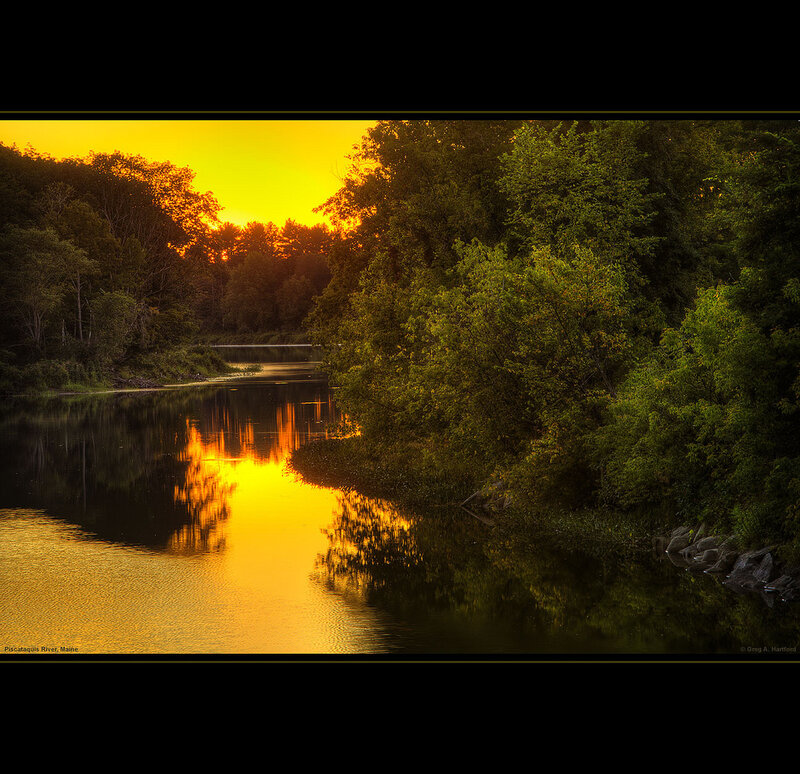 River at Sunset — Yellow, Serene, Photograph, Trees, Sky