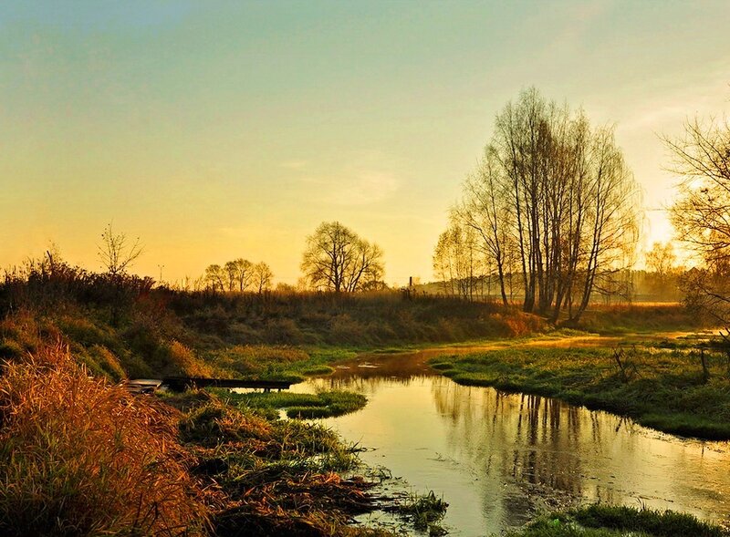 River at Sunset — Yellow, Serene, Photograph, Trees