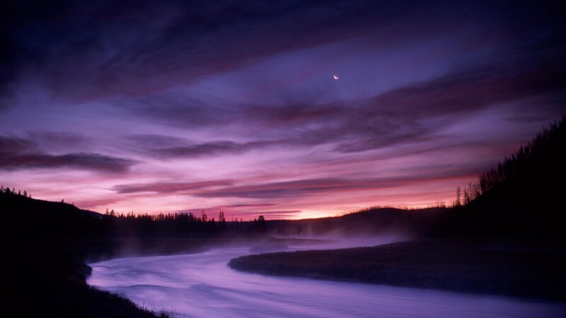 River at Twilight — Purple, Serene, Night, Photograph, Moon, Clouds