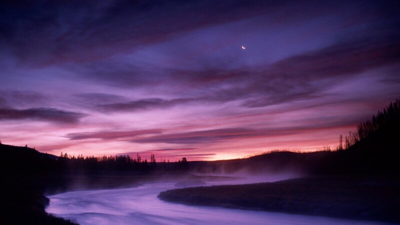 River at Twilight — Purple, Serene, Night, Photograph, Moon