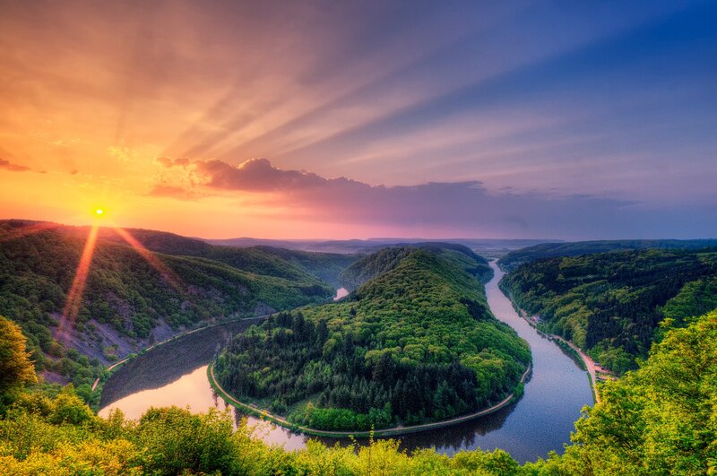 river bend at sunset