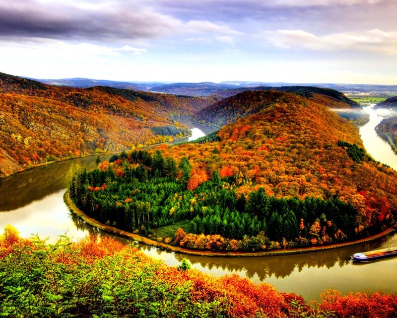 River Bend in Autumn — Orange, Serene, Photograph