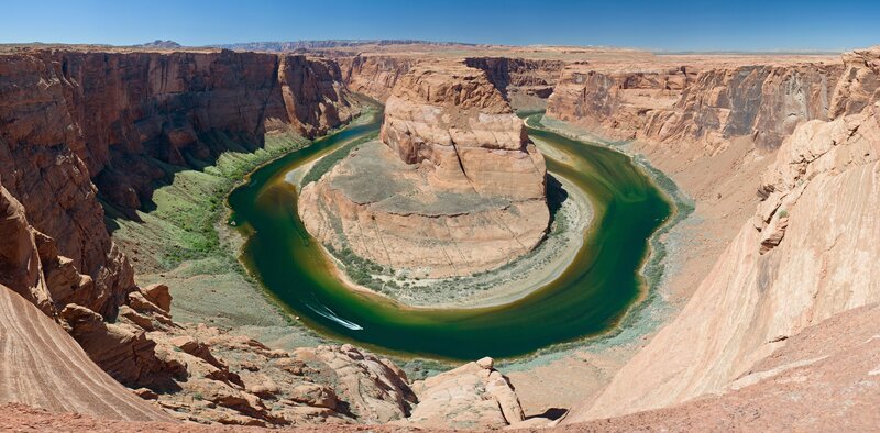 River Bend in Canyon — Brown, Dramatic, Afternoon, Photograph, Boat