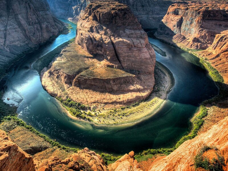 River Bend in Canyon — Brown, Dramatic, Afternoon, Photograph, Rock Formations, Vegetation