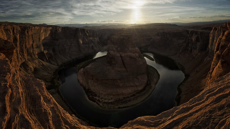 River Bend in Canyon — Brown, Dramatic, Sunset, Photograph, Sun