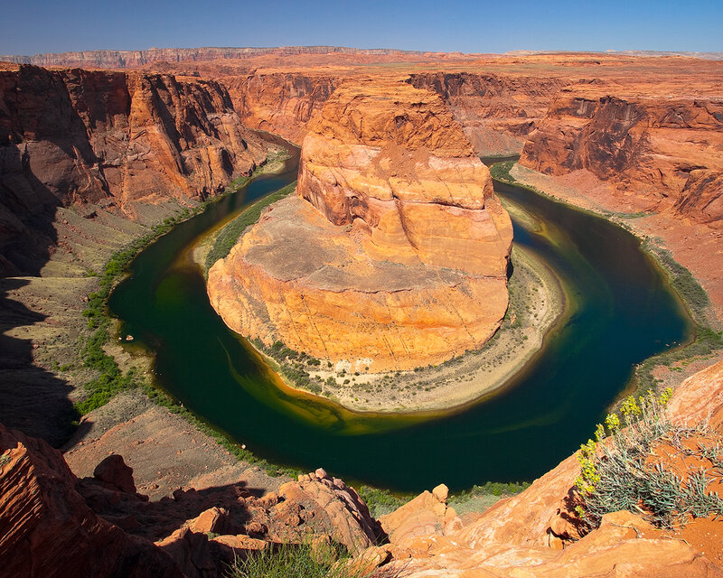 River Bend in Canyon — Red, Dramatic, Afternoon, Photograph, Rock Formation, Vegetation, Green