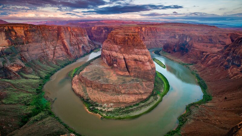 River Bend in Canyon — Red, Dramatic, Sunset, Photograph, Cliffs