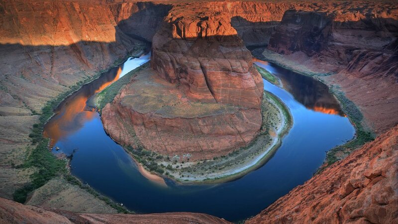 River Bend in Canyon — Red, Dramatic, Sunset, Photograph, Rock Formation