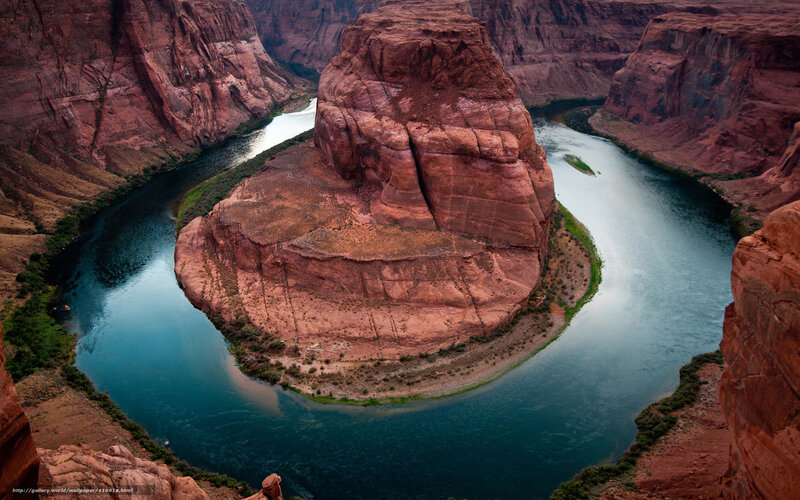River Bend in Canyon — Red, Dramatic, Sunset, Photograph, Rock Formation, Vegetation