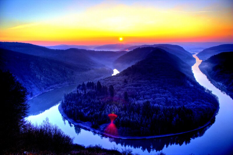 River Bend in Forest — Blue, Serene, Sunset