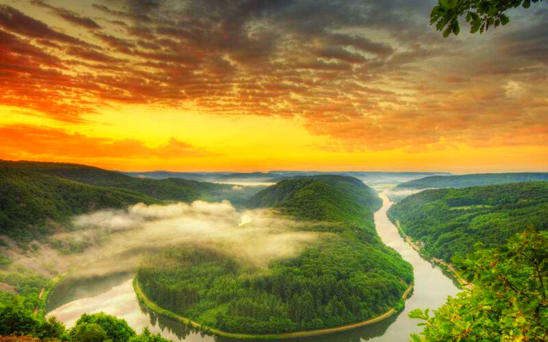 River Bend in Forest — Green, Dramatic, Sunrise