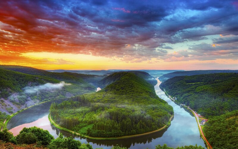 River Bend in Forest — Green, Dramatic, Sunset, Photograph, Mountains, Clouds