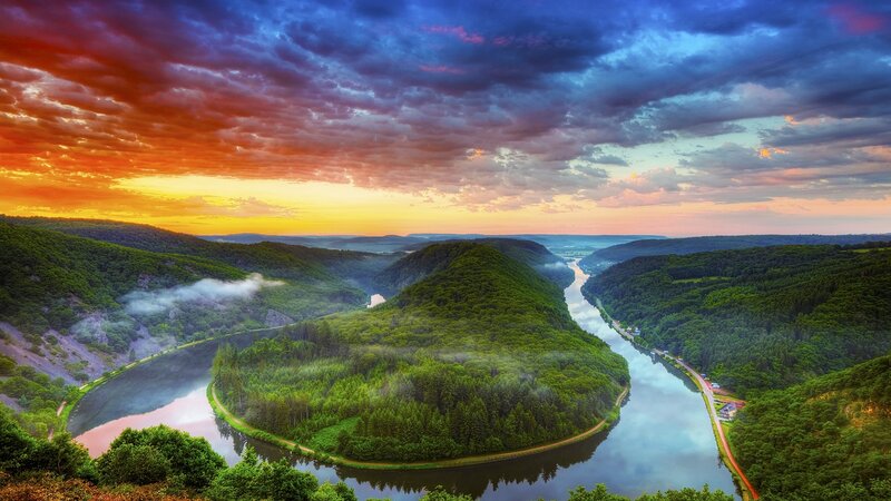 River Bend in Forest — Green, Dramatic, Sunset, Photograph, Mountains