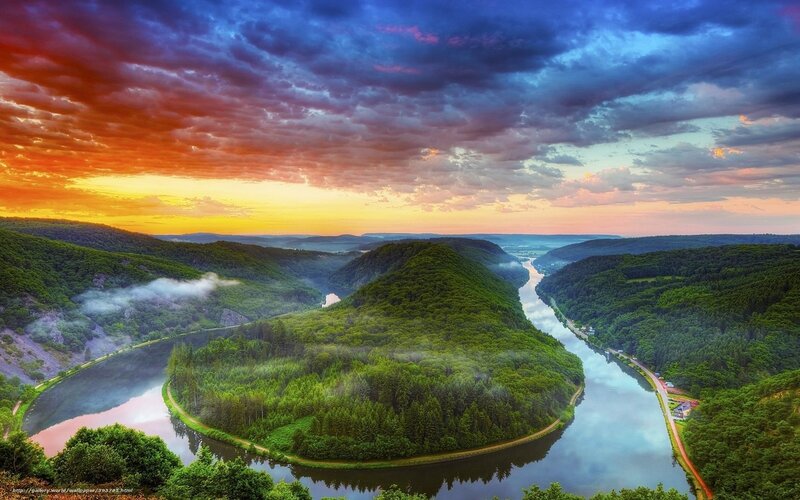 River Bend in Forest — Green, Dramatic, Sunset, Photograph, Sky