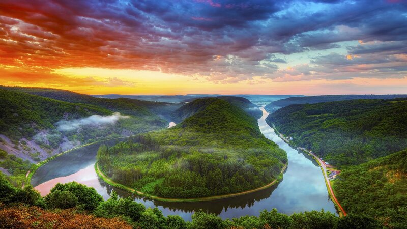 River Bend in Forest — Green, Dramatic, Sunset, Photograph
