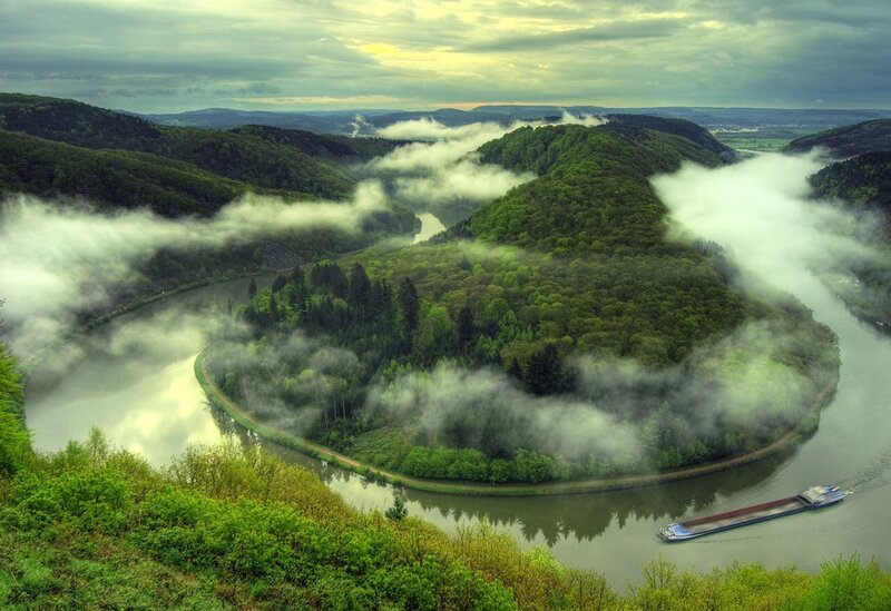 River Bend in Forest — Green, Misty, Morning