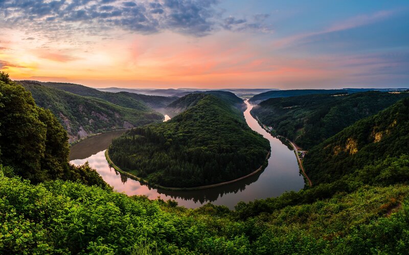 River Bend in Forest — Green, Serene, Sunset, Photograph