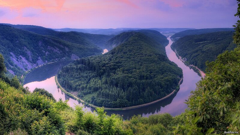 River Bend in Forest — Green, Serene, Sunset